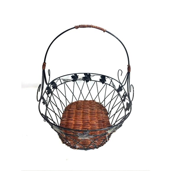 Black Metal & Brown Wicker Oval Basket With Handle & Leaf Design - Picture 2 of 8